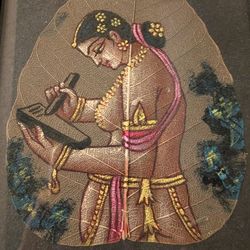 VINTAGE INDIAN PAINTING ON A PEEPAL LEAF