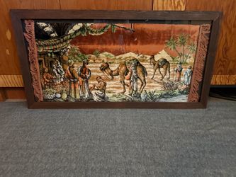 Framed Middle Eastern Market Scene Tapestry