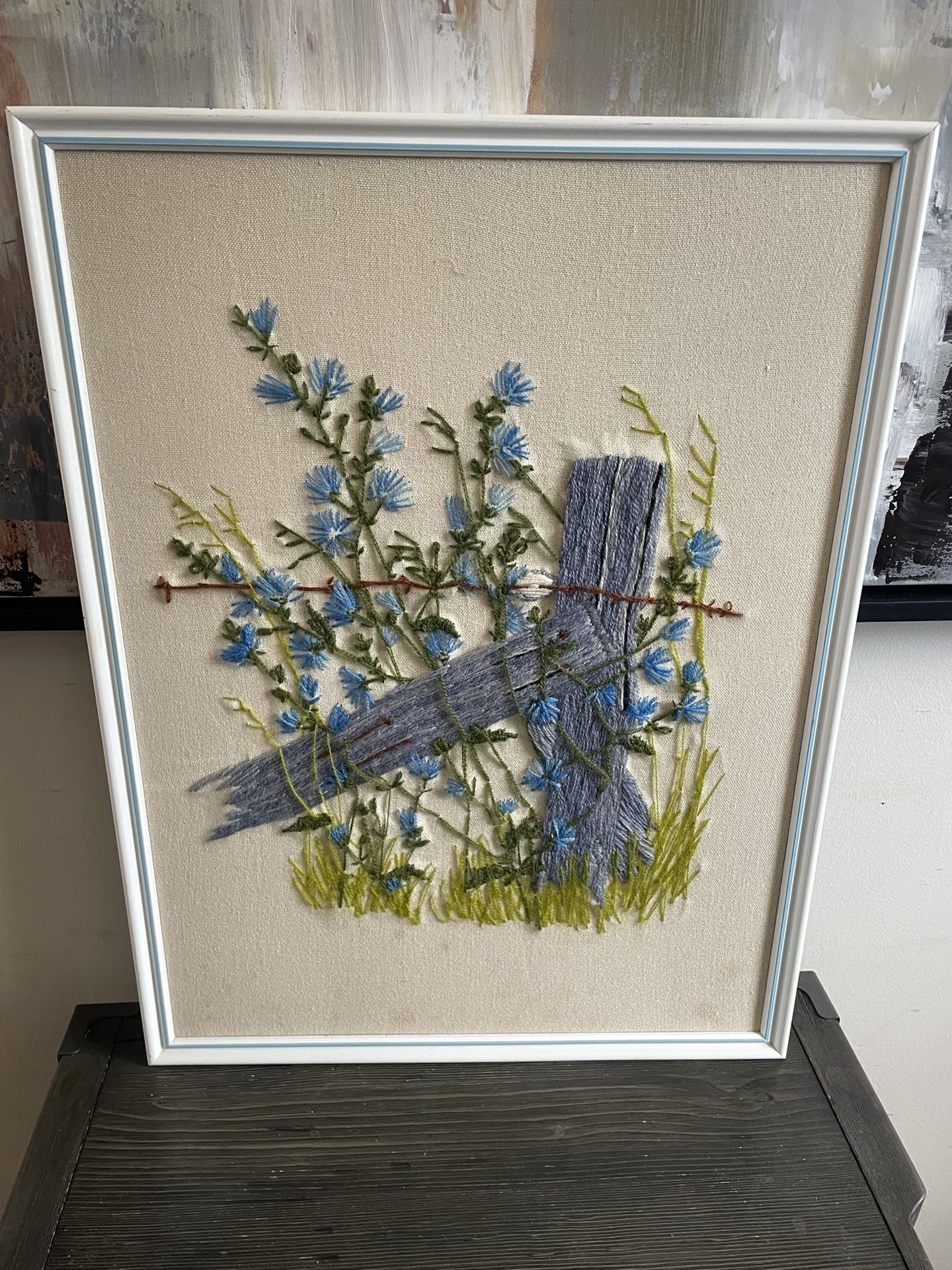 Vintage country roadside blue flowers chicory wood framed embroidered needlepoint crewel