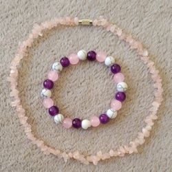 Handmade  Rose  Quartz chip Choker And Bracelet Set
