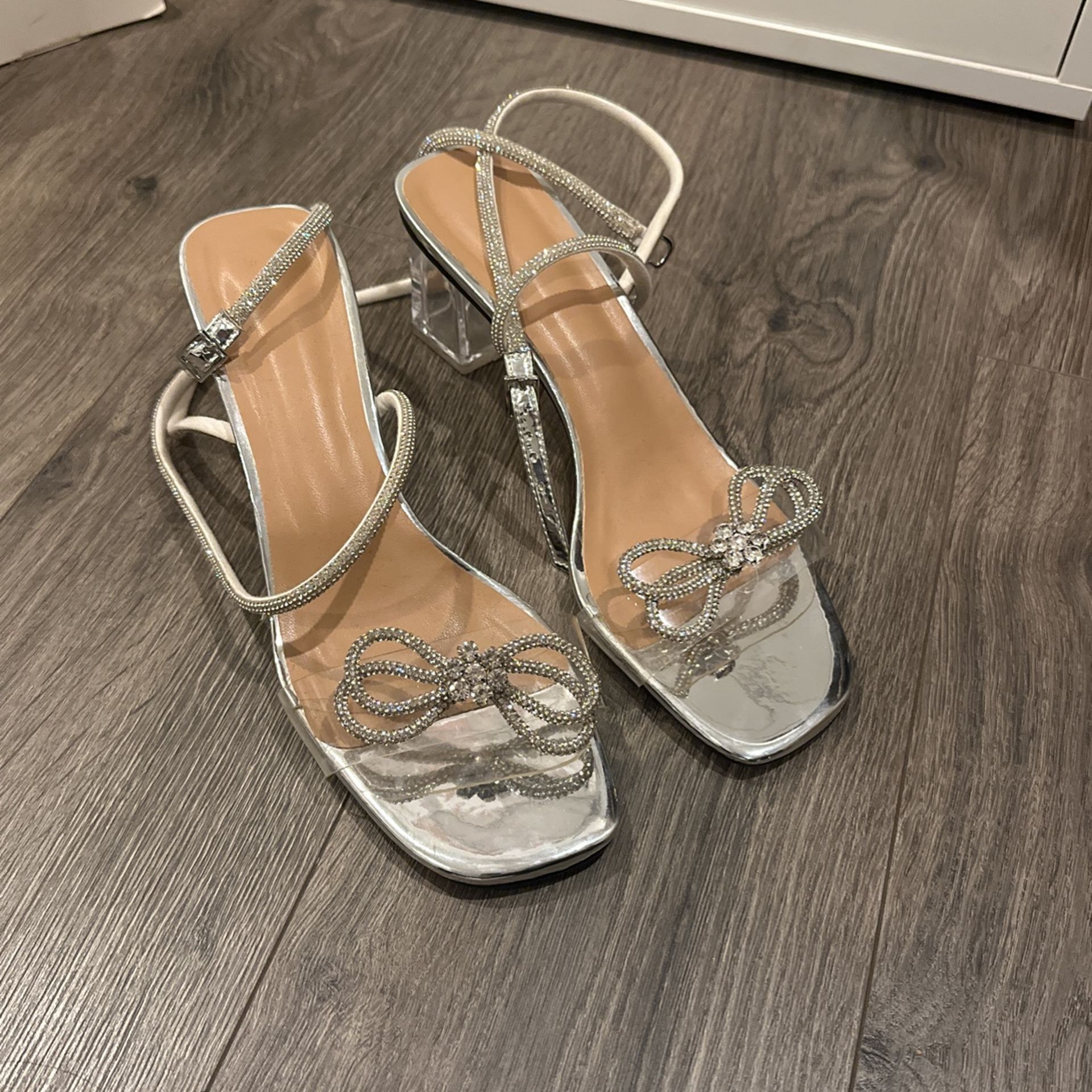 Women's Clear Chunky Heels Clear With Rhinestone Bow Sandals Transparent Heels