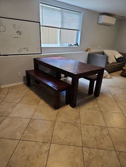 World market solid wood  farm house style table and two benches 100% wood