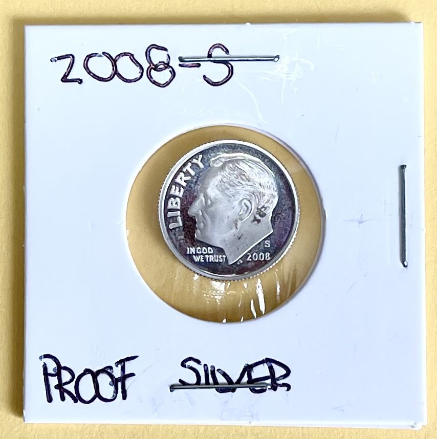 2008 - S.     Silver Proof Beautiful Uncirculated Roosevelt Dime.