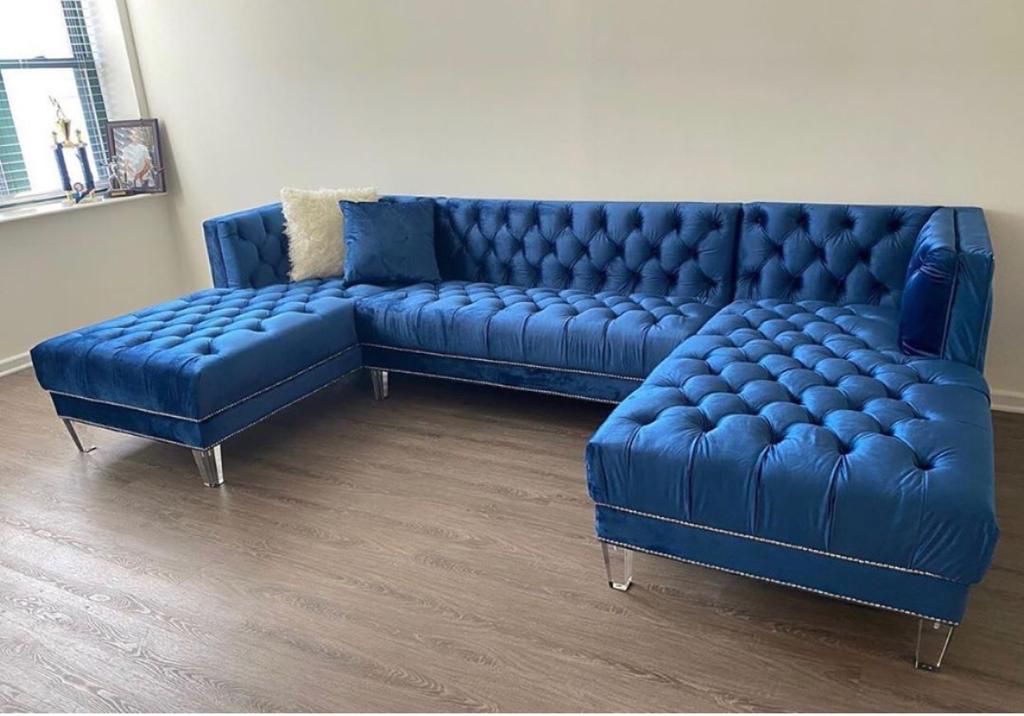 New Moda Velvet Navy Double Chaise Sectional & couch &'free delivery