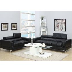 2 Piece Sofa Loveseat Set Black Faux Leather Chrome Legs Brand New In Box Firm Price $820