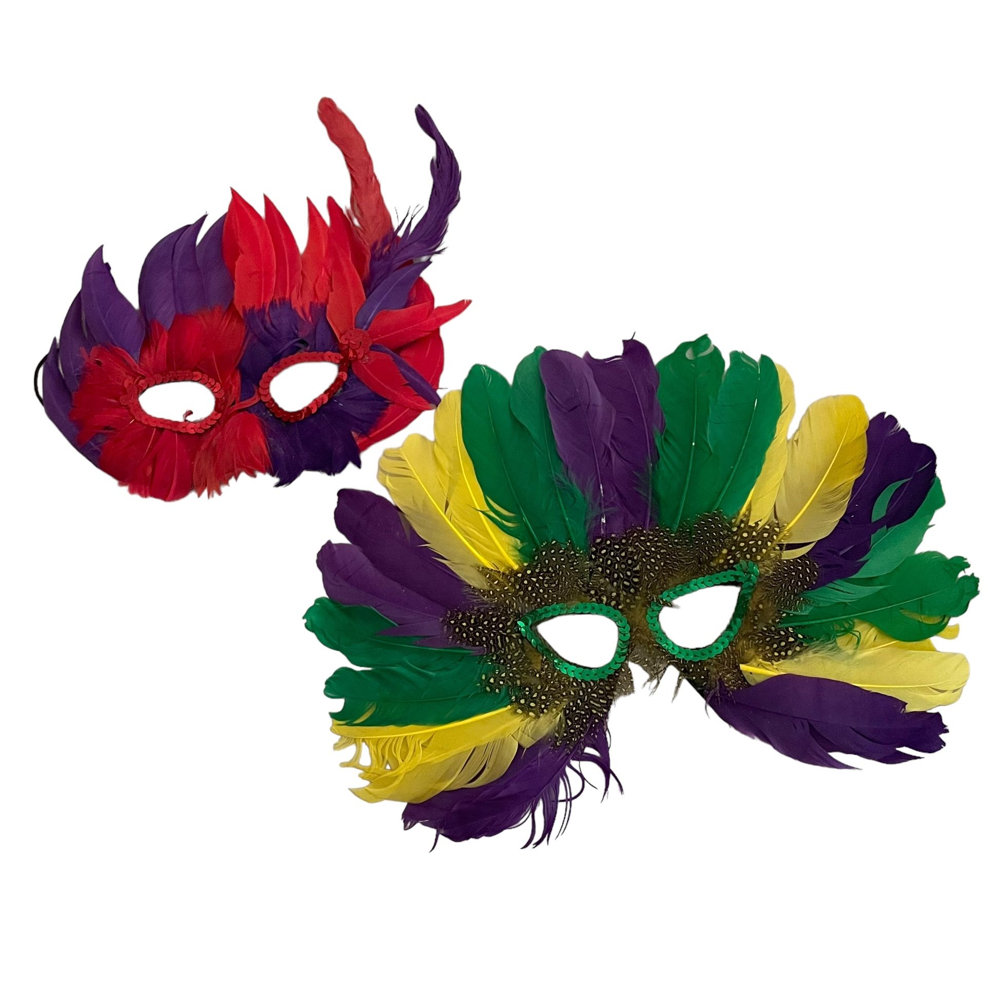 Pair of Feather Mardi Gras Costumes Face Masks Green Yellow Purple Red Halloween