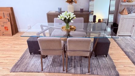 Modern 7-Piece Glass Dining Set – Table + 4 Chairs – 2 end stools  $500
