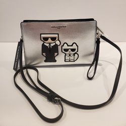 Karl Lagerfeld Paris Metallic Silver Adele Crossbody/Wristlet Bag New MSRP $178