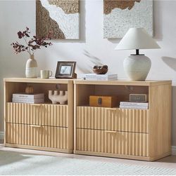 31" Wide Fluted Nightstand Set of 2 with Charging Station, Oversized Extra Large 2 Drawers Night Stand,Natural Wood Bedside Table,Tall End Tables,Mode