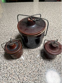 Vintage Matching Set of 3 Brown Stoneware Cheese/Butter Crocks with Wire Bail Lids - Farmhouse Decor