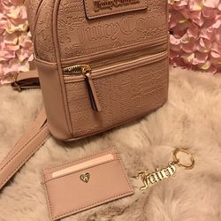 Juicy Couture Dusty Pink Embossed Mini Backpack With Keychain & Card Wallet.