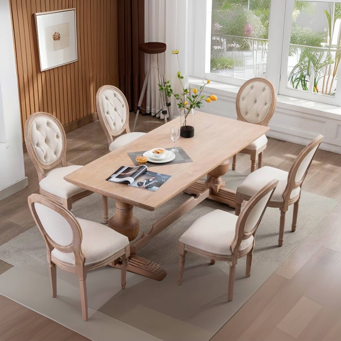 Set Of 6 - Natural Wood Beige Upholstered French Dining Chairs [NEW IN BOX] [CHAIRS ONLY / TABLE NOT INCLUDED] 