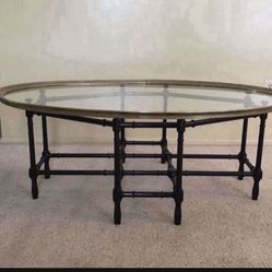Vintage Antique Large Baker Mastercraft Hollywood Regency Faux Bamboo Brass Glass Oval Cocktail Coffee Table