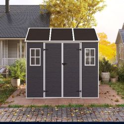 8*7ft Outdoor Storage Shed, Outdoor Resin Shed with Two-Window and Double-Door, Plastic Shed with Floor for Garden, Patio, Yard, Lawn (Dark Gray)