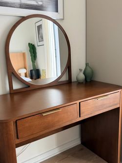 Wood desk with a mirror