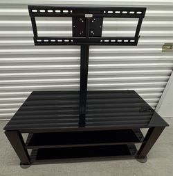 Used Black TV Stand With 3 Glass Shelves & TV Mount