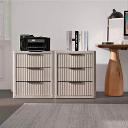 Set of 2 Nightstands with 3 Drawers Storage Bedside Table Large Fluted Bed Side End Table Modern 25.