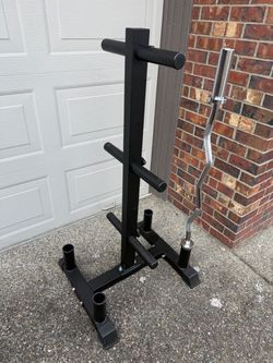 CAP Olympic Plate Tree Rack with Barbell Holders, Heavy-Duty Weight Plate Storage Rack for Home Gym,