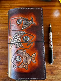 Hand tooled and painted fish standard trifold a5 slim travelers notebook