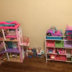 Barbie Dream House W/ Barbie’s and Store fronts, Storage Bin/stand