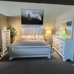 Grey King Bed, Dresser, Mirror And One Nightstand