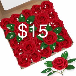 Artificial Flowers 25pcs Real Touch Red Foam Fake Roses w/Stems, 4 Pearled Upgraded Roses Included for DIY Wedding Bouquets, Bridal Showers & Party Ce