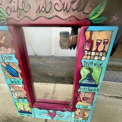 Rare vintage Sticks handmade medium mirror excellent 'Life is Sweet' decor art