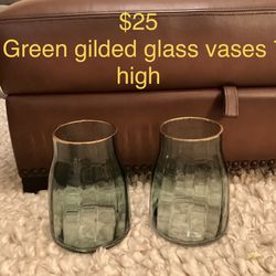 2 Green Gilded Glass Vases