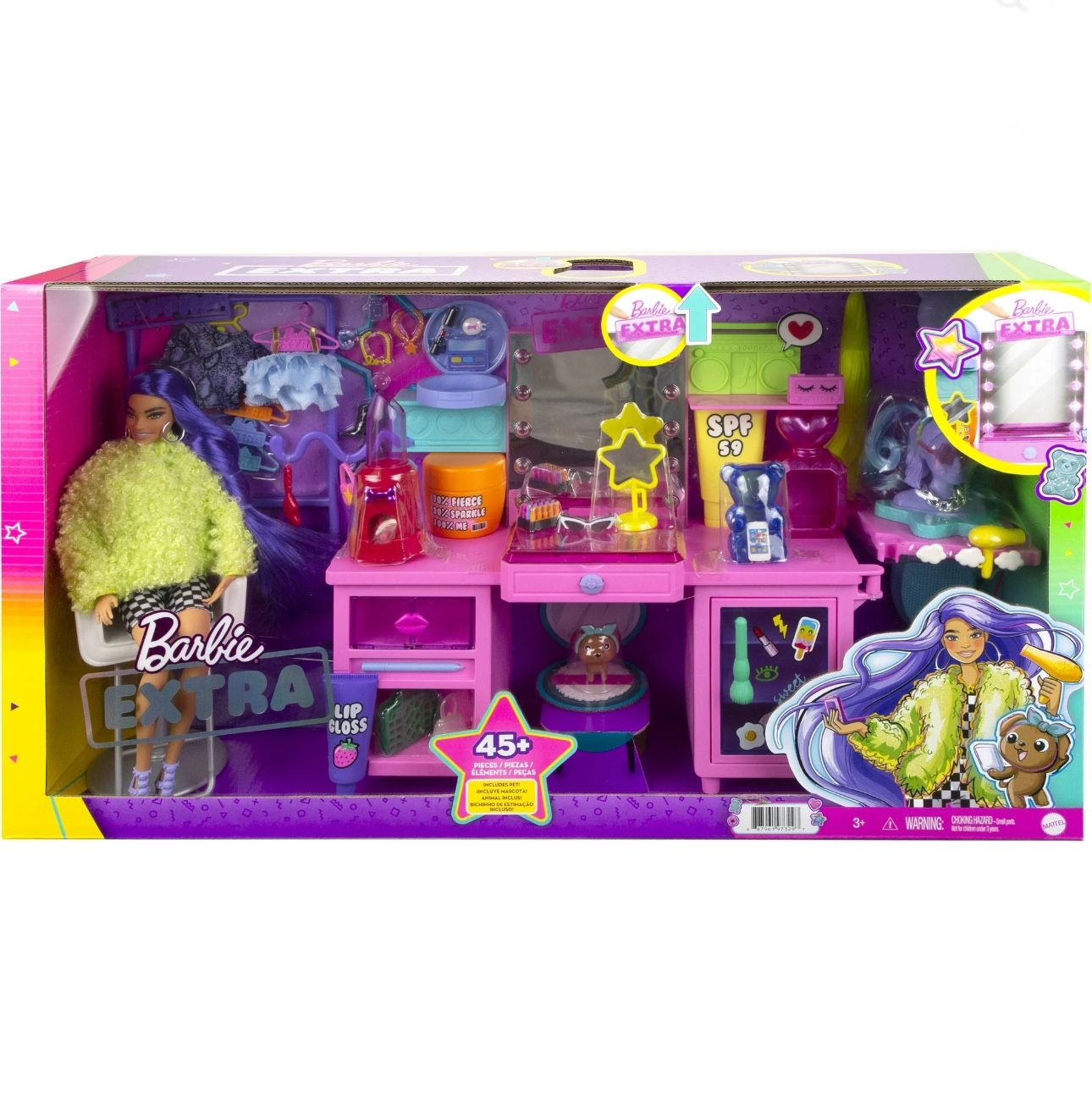 Barbie Extra Fashion Doll and Vanity Set with Accessories 45+, Vanity and Puppy
