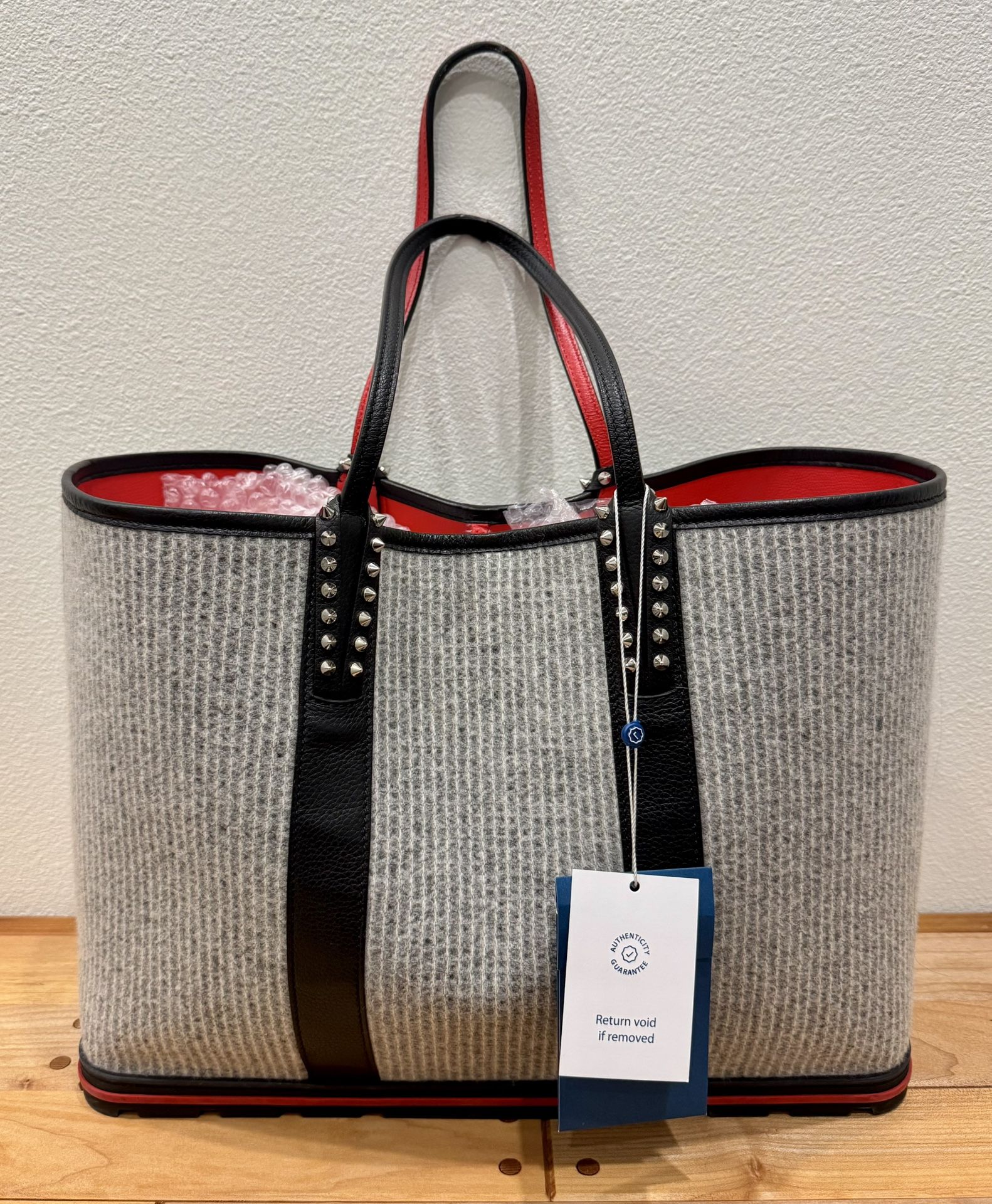 Christian Louboutin Large Cabata Tote Grey Wool w/Black and Red Leather Accents, EUC
