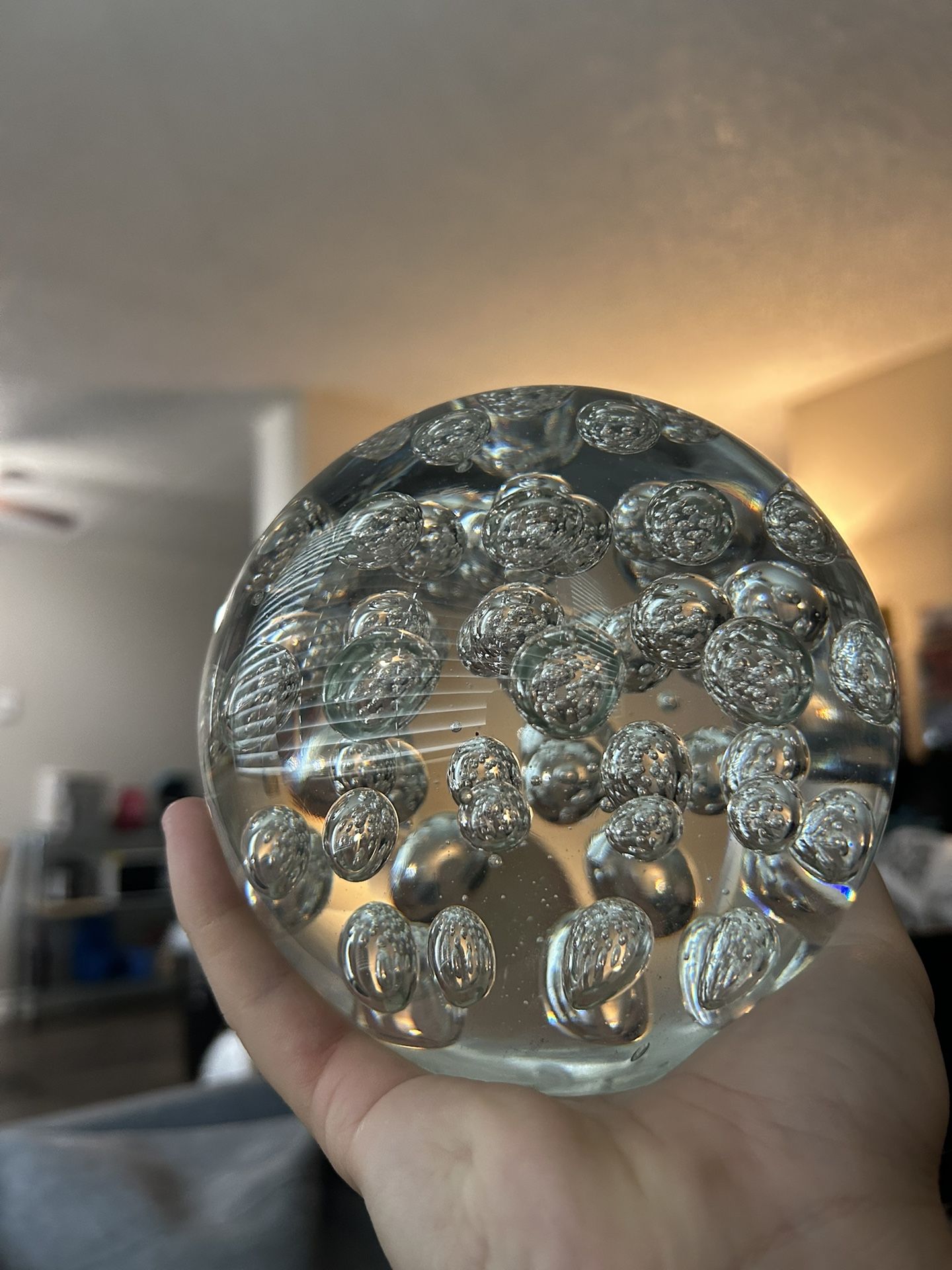 Large Clear Art Glass Orb Sculpture or Paperweight with Bubbles