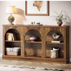 Farmhouse Console Table, 63-Inch Long Entryway Table with 3 Tier Storage, Wooden Rectangular Sofa Table Behind The Couch, Rustic Brown