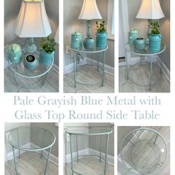 Pale Grayish Blue Metal with Glass Top Round Side Table
