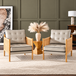 Set of 2 - 28.7 in. W Gray Top-grain Genuine Leather Accent Chairs with Jute Rope Wrapped Arms