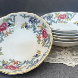 Vintage Floral Porcelain Saucers with Gold Trim. Set of 6.