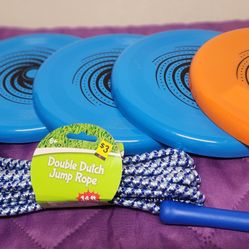 All New - Summer Bundle Sale - 5 Frisbees, 1 - Jump Rope and a pair of toy sunglasses 