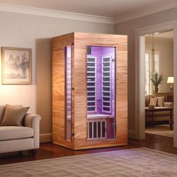 Single Person Indoor Sauna Room with LED Light Bluetooth Low EMF FAR Infrared Sauna In Okoume & Hemlock Wood