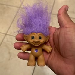 Vintage Troll By Ace Novelty Co Purple Hair Blue Eyes Purple Heart Jewel 3”