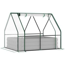 Outsunny 4' x 3' Galvanized Raised Garden Bed with Mini PVC Greenhouse Cover, Outdoor Metal Planter Box with 2 Roll-Up Windows for Growing Flowers, Fr