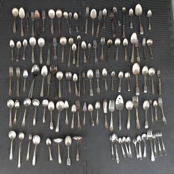 Huge Lot 100+ Silver Plated and Stainless Steel Dinner Ware Silverware