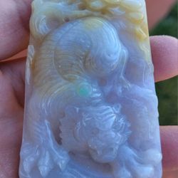 Burmese icy type A jadeite jade pendant big Lucky Tiger . Certified.
