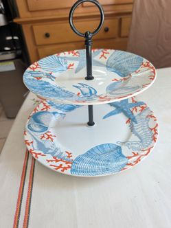 222 fifth coastal life 2tier round fruit appetizer tray server porcelain