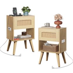 NEW Set of 2 Nightstands w/ Charging Station – Modern Wood End Tables 
