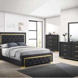 Brand New Glam Black & Gold Platform Panel Bed Size QUEEN SET INCLUDES NIGHTSTAND CHEST DRESSER & Mirror  Tufted  Modern Classic 