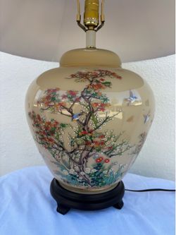 Vintage Chinoiserie Hand Painted Ginger Jar Lamp With Bird Scene Design