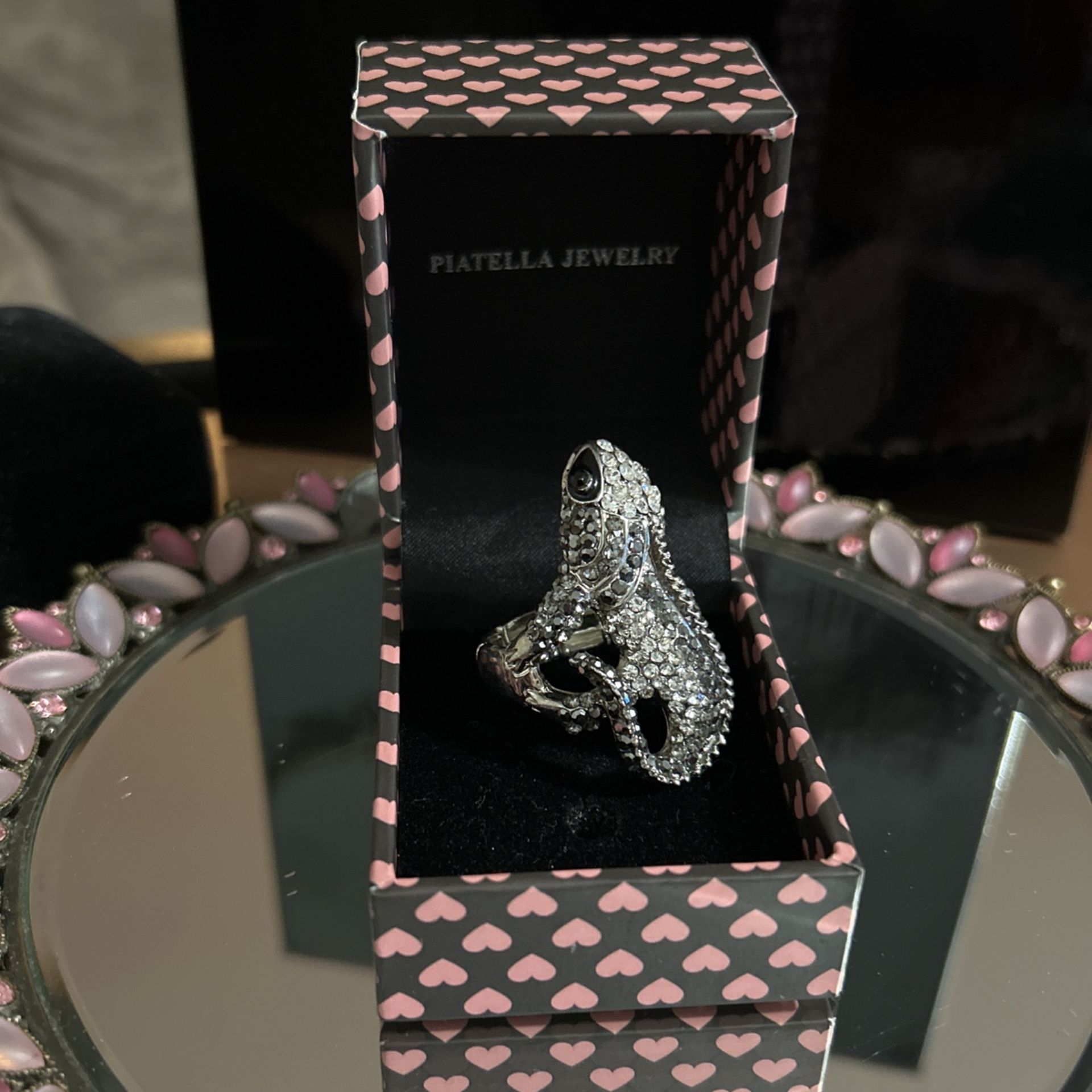 Beautiful! Unique Diamond Crystal Stone Lizard Iguana Adj Stretch Ring With Black Onyx Stone Eyes 