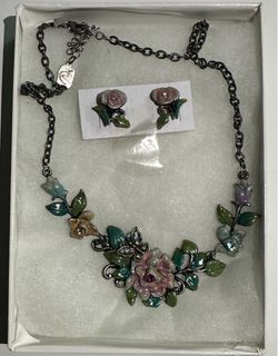 Authentic Signed "You and I" Whimsical Pink Enamel Rose & Butterfly Statement Necklace & Earrings Set