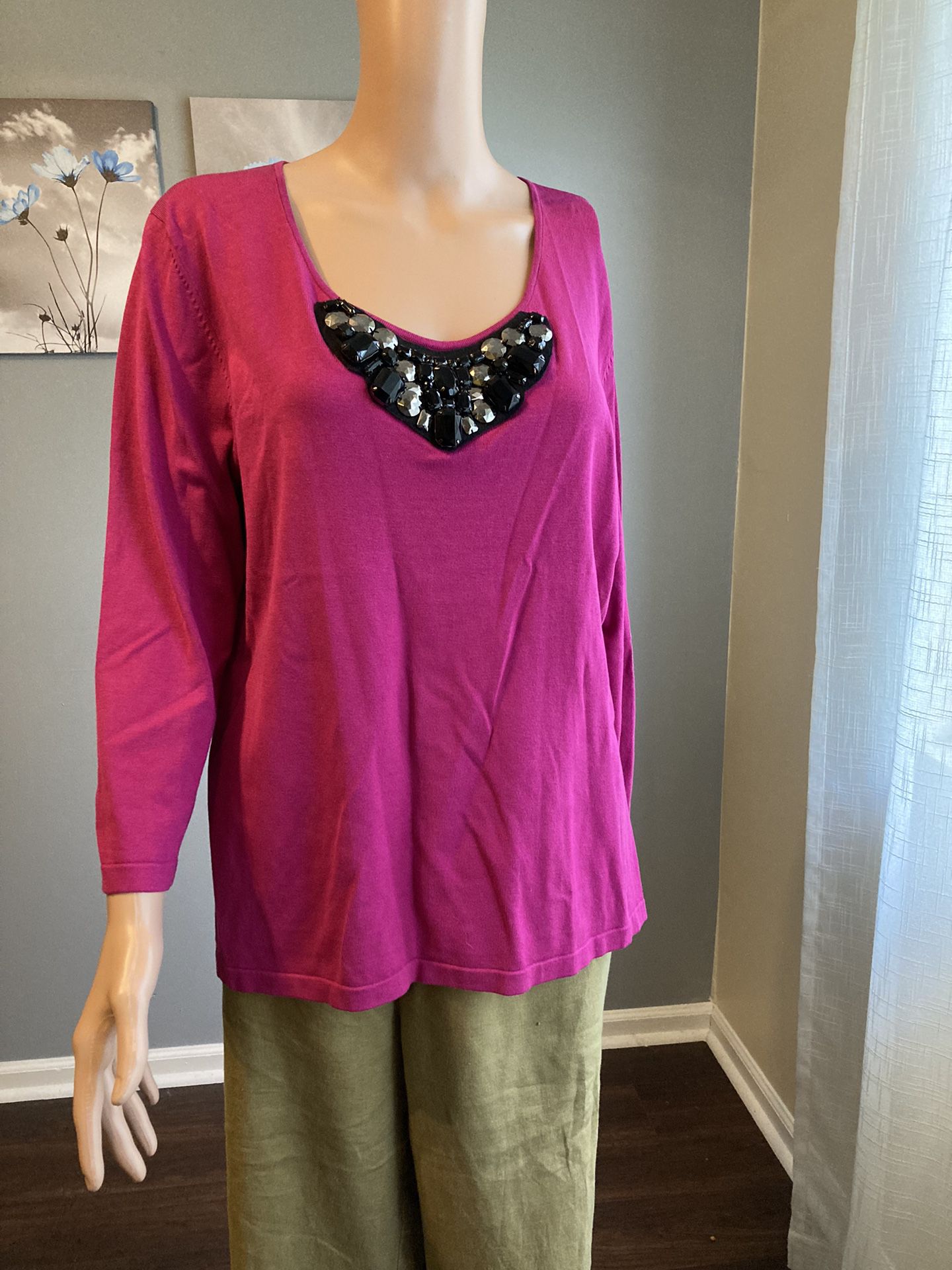 Women's August Silk Pink Tunic Top, XL Embellished Neckline, Very Good