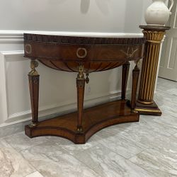 Antique Vintage Brown Half-Round Wooden Console Table With Rare Decorative Gold Egyptian Heads