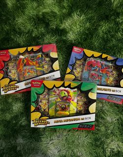 Master set of ferlagatr, meganium, and emboar mega ex collection boxes